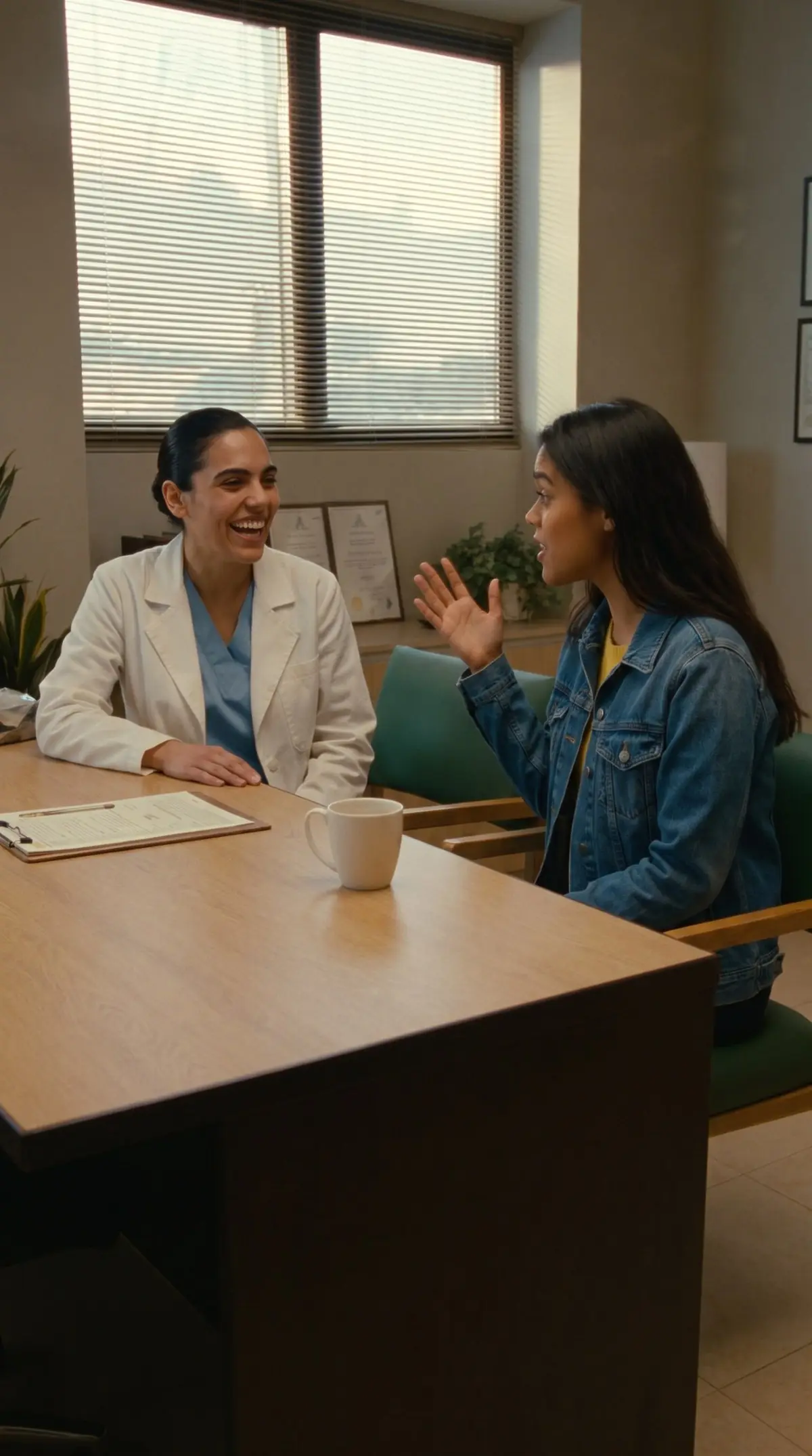 Doctora joven platicando y riendo con su paciente durante una consulta